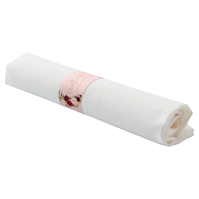 Burgundy Floral Blush Pink Cheers Names Wedding Napkin Bands (Angled)