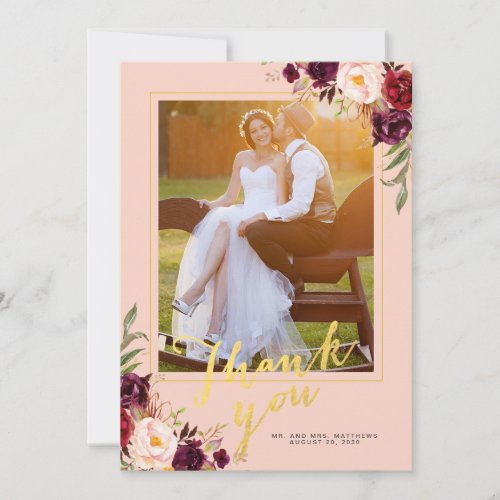 Burgundy Floral Blush Pink Gold Photo Wedding Thank You Card