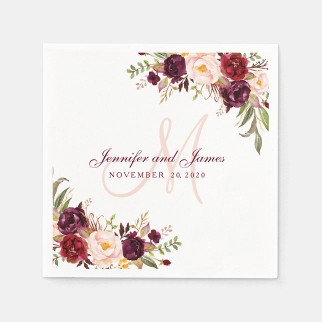 Burgundy Floral Blush Pink Monogram Rustic Wedding Napkins (Front)