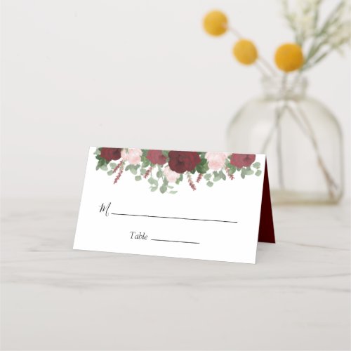 Burgundy Floral Blush Pink Roses Wedding Place Card