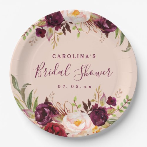 Burgundy Floral Blush Pink Rustic Bridal Shower Paper Plates