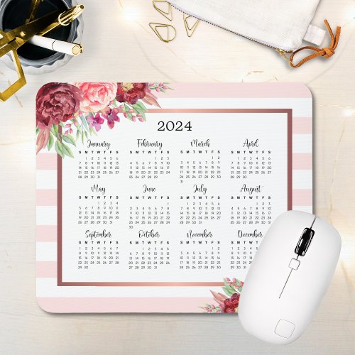 Burgundy Floral Blush Pink Stripes 2024 Calendar Mouse Pad