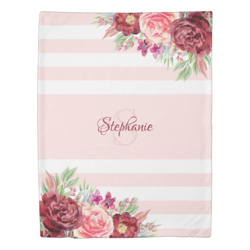 Burgundy Floral Blush Pink Stripes Monogram Duvet Cover