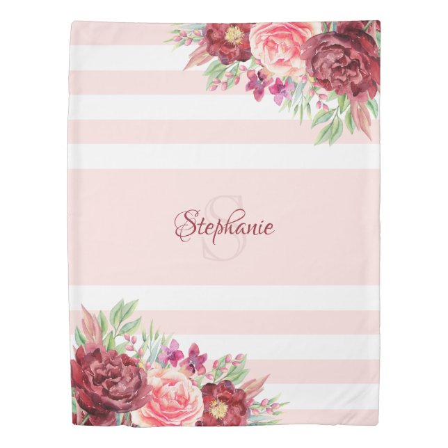 Burgundy Floral Blush Pink Stripes Monogram Duvet Cover (Front)