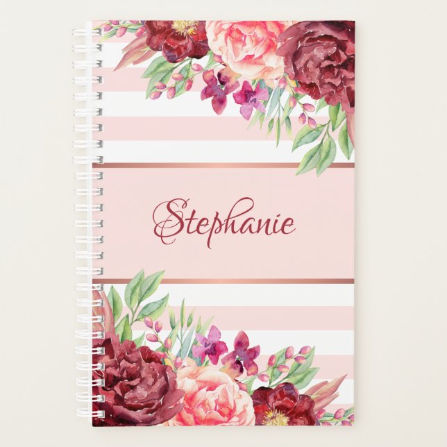 Burgundy Floral Blush Pink Stripes Monogram Planner (Front)