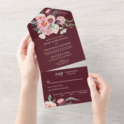 Burgundy Floral Blush Pink Wedding  All In One All In One Invitation