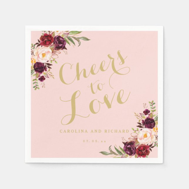 Burgundy Floral Blush Pink Wedding Gold Cheers Napkins (Front)