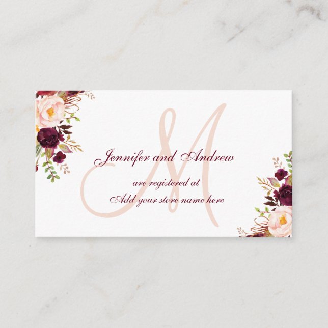 Burgundy Floral Blush Wedding Registration Enclosure Card (Front)