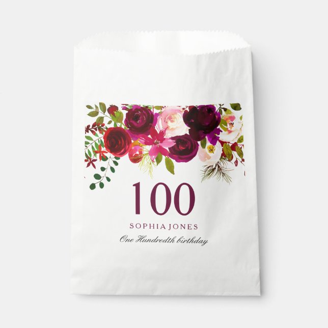 Burgundy Floral Boho 100th Birthday Party Favor Bag (Front)