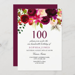 Burgundy Floral Boho 100th Birthday Party Invite