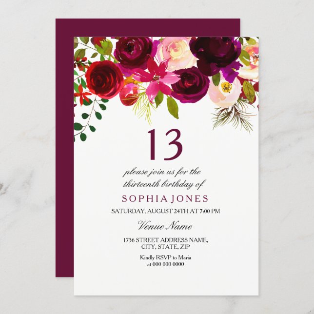 Burgundy Floral Boho 13th Birthday Party Invite (Front/Back)