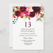 Burgundy Floral Boho 13th Birthday Party Invite (Front)