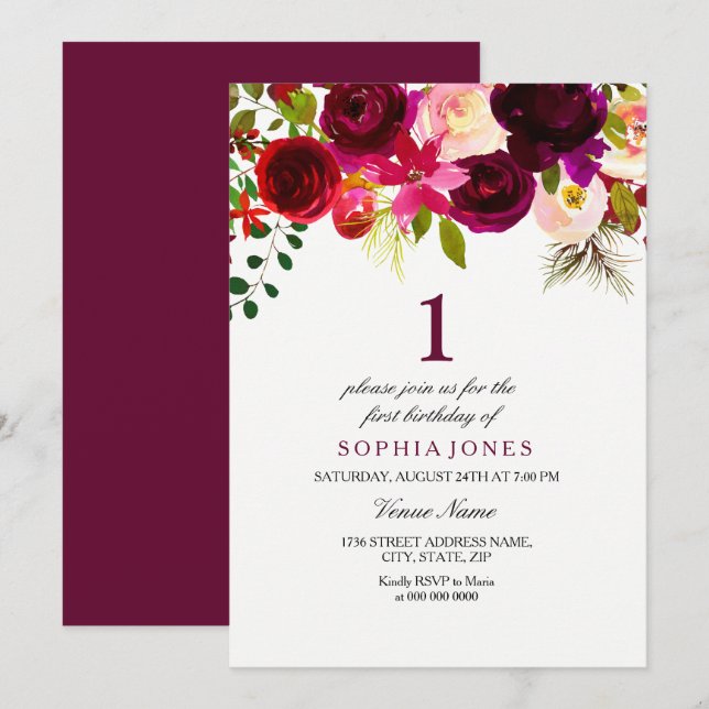 Burgundy Floral Boho 1st Birthday Party Invite (Front/Back)