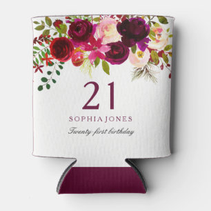 Burgundy Floral Boho 21st Birthday Party Can Cooler
