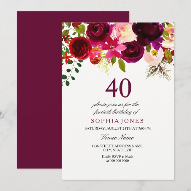 Burgundy Floral Boho 40th Birthday Party Invite (Front/Back)