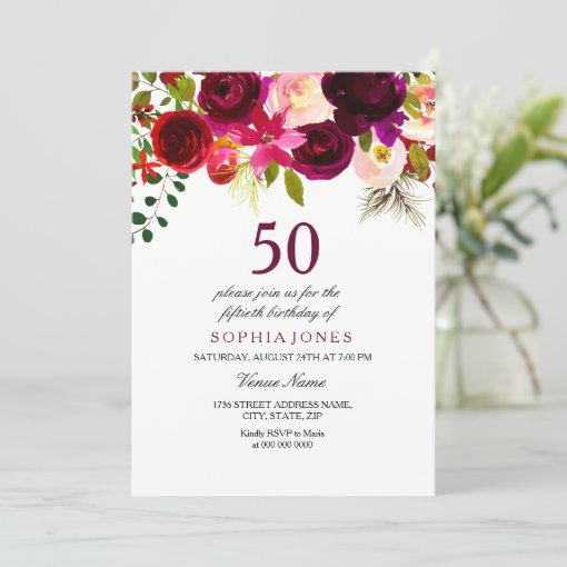 Burgundy Floral Boho 50th Birthday Party Invite | Zazzle