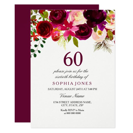 Burgundy Floral Boho 60th Birthday Party Invite | Zazzle.com