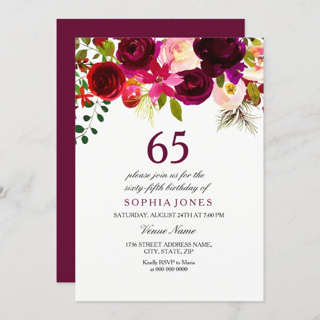 Burgundy Floral Boho 65th Birthday Party Invite (Front/Back)
