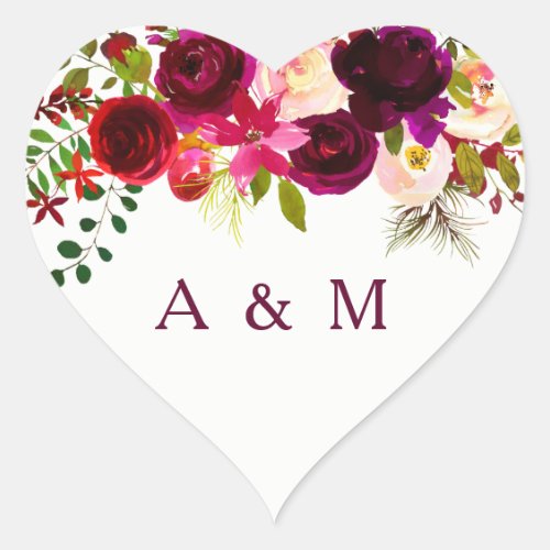 Burgundy Floral Boho all occasion favor Heart Sticker