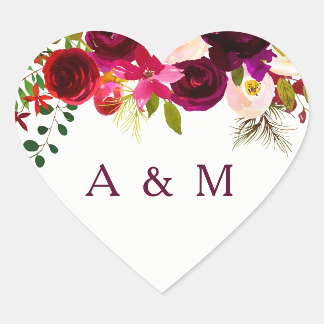 Burgundy Floral Boho all occasion favor Heart Sticker (Front)