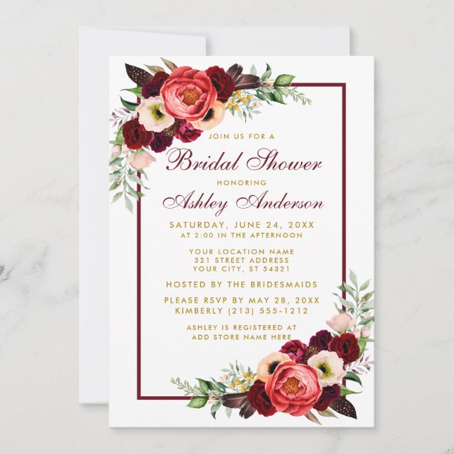 Burgundy Floral Boho Bridal Shower Gold Invite B (Front)