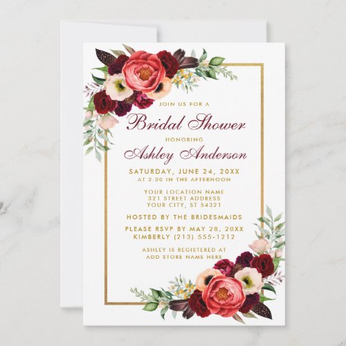 Burgundy Floral Boho Bridal Shower Gold Invite WB