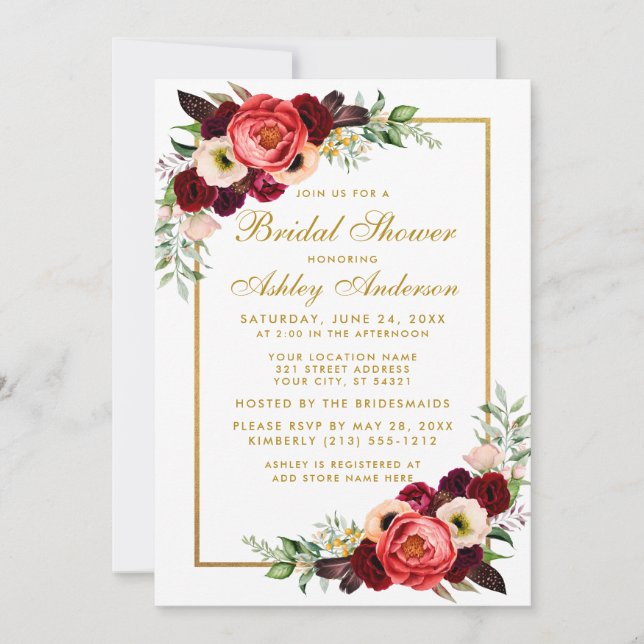 Burgundy Floral Boho Bridal Shower Gold Invite WG (Front)