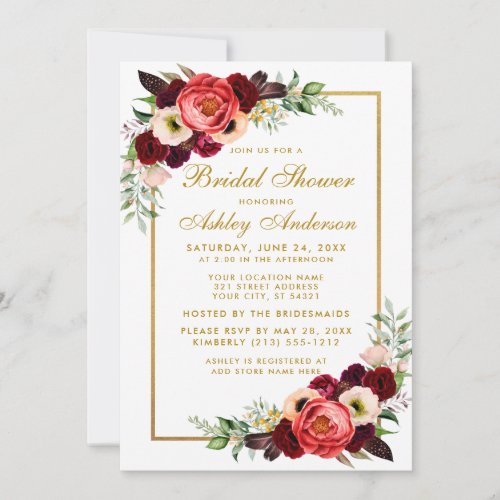 Burgundy Floral Boho Bridal Shower Gold Invite WG