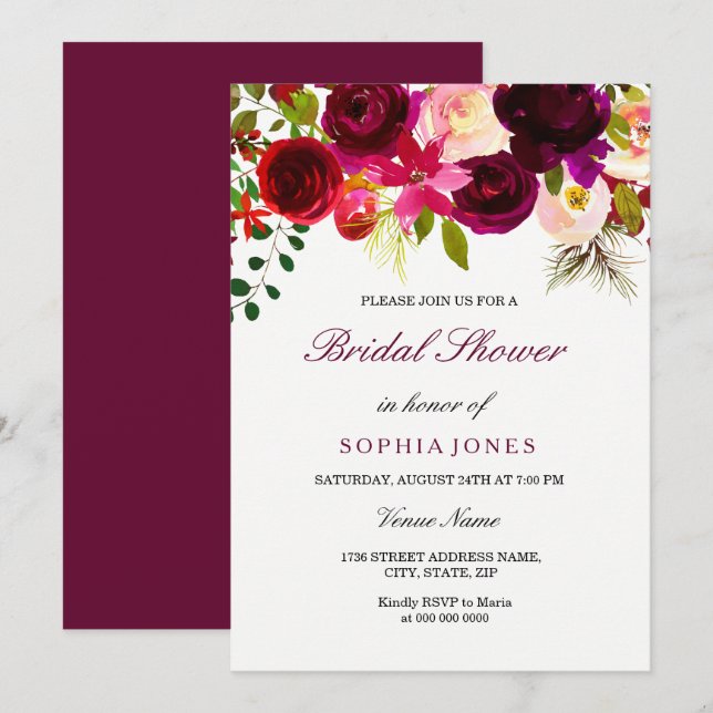 Burgundy Floral Boho Bridal Shower Invitation (Front/Back)