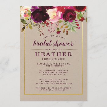 Burgundy Floral Boho Bridal Shower Invitations by party_depot at Zazzle