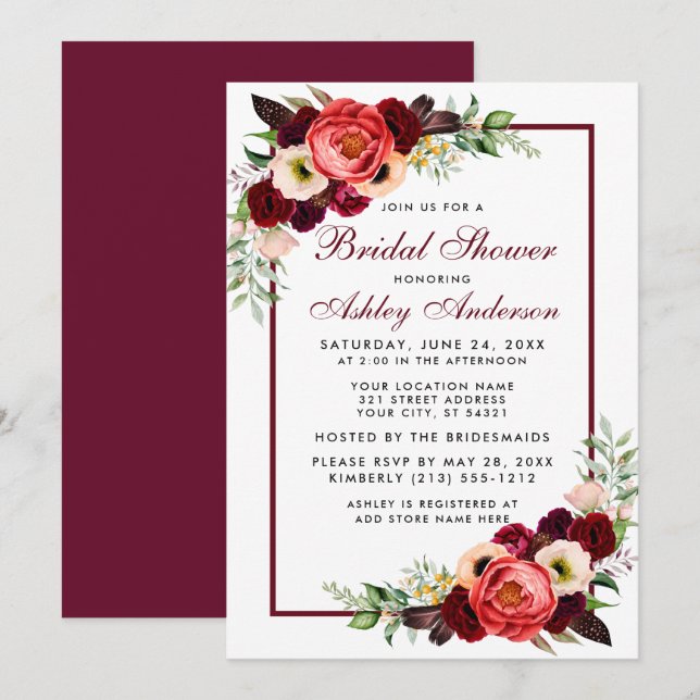 Burgundy Floral Boho Bridal Shower Invite B (Front/Back)