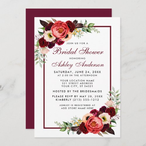 Burgundy Floral Boho Bridal Shower Invite B