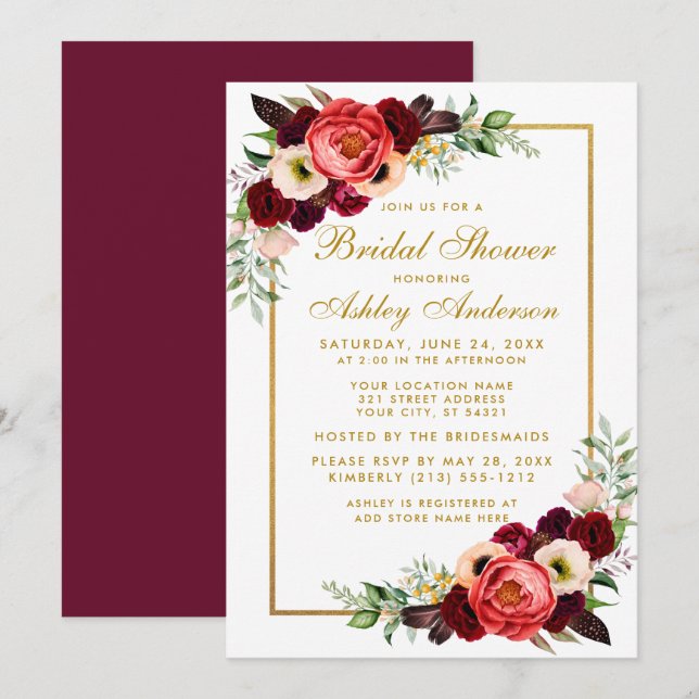 Burgundy Floral Boho Bridal Shower Invite BG (Front/Back)