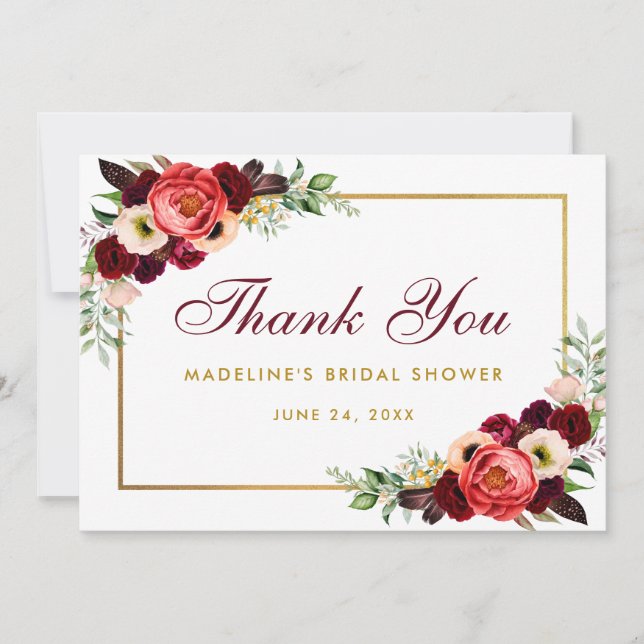 Burgundy Floral Boho Bridal Shower Thanks Card B (Front)