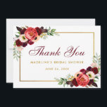 Burgundy Floral Boho Bridal Shower Thanks Card BW<br><div class="desc">Watercolor Burgundy Marsala Floral Gold Bridal Shower Thank You Card - White Back</div>