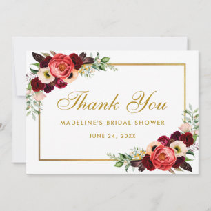 Burgundy Floral Boho Bridal Shower Thanks Card GB