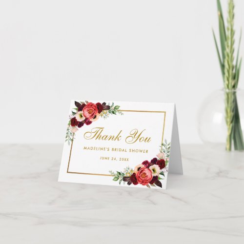 Burgundy Floral Boho Bridal Shower Thanks Note Thank You Card