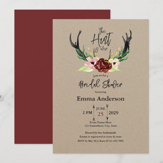 Burgundy Floral Boho Hunt is Over Bridal Shower Invitation (Front/Back)