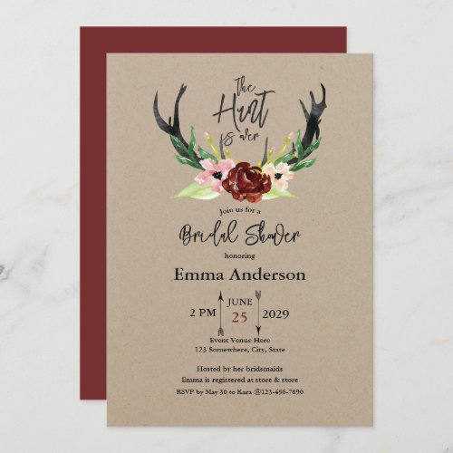 Burgundy Floral Boho Hunt is Over Bridal Shower Invitation