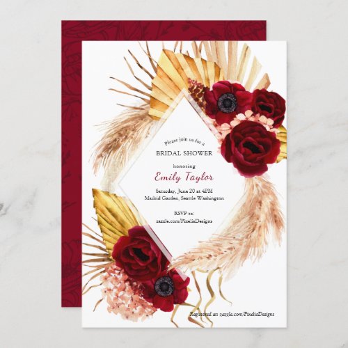 Burgundy Floral Boho Pampas Grass Modern Bridal  Invitation