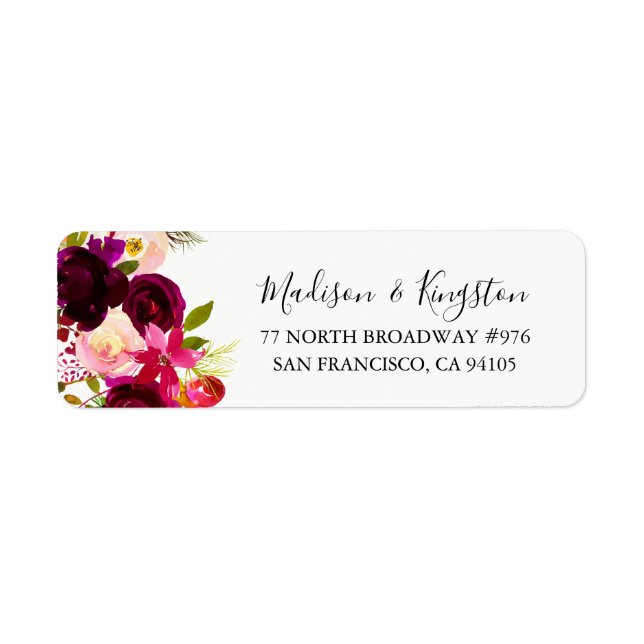 Burgundy Floral Boho Return Address Label (Front)
