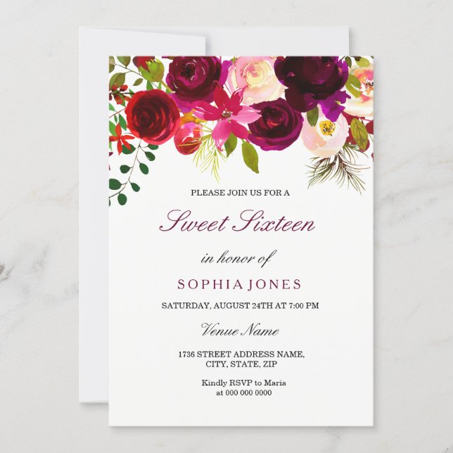 Burgundy Floral Boho Sweet Sixteen Invitation (Front)