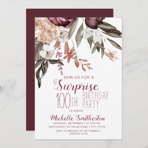 Burgundy Floral Boho Vintage 100th Birthday Invitation