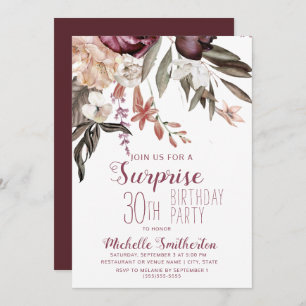 Burgundy Floral Boho Vintage 30th Birthday Invitation