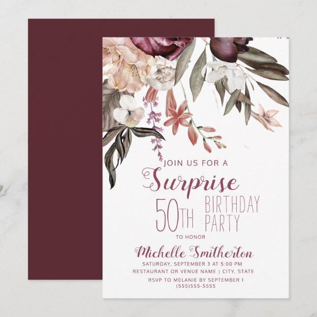 Burgundy Floral Boho Vintage 50th Birthday Invitation (Front/Back)