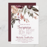 Burgundy Floral Boho Vintage 80th Birthday Invitation<br><div class="desc">Elegant vintage botanical burgundy and cream/white watercolor floral (roses) and greenery on white boho-style surprise 80th birthday party invitation.  Text,  font,  font size and color are completely customizable,  so this card can be designed to perfectly suit your needs.</div>