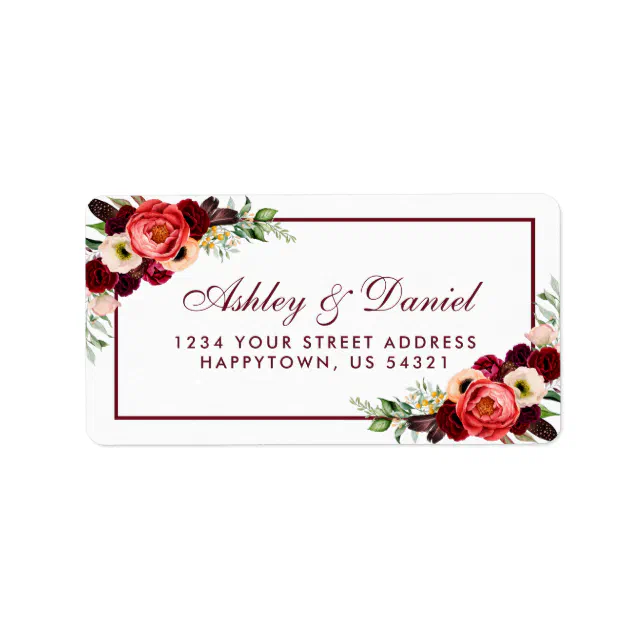 Burgundy Floral Boho Wedding Address Label | Zazzle