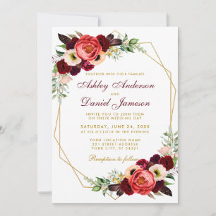 Burgundy Floral Boho Wedding Gold Frame W Invitation