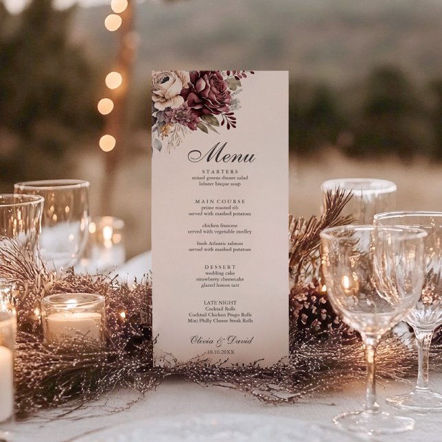 Burgundy Floral Boho Wedding Menu Card (Burgundy Floral Boho Wedding Menu Card on a beautiful wedding table with candles and decor.)