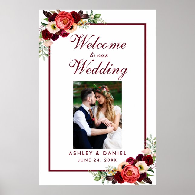 Burgundy Floral Boho Wedding Welcome Photo Poster (Front)